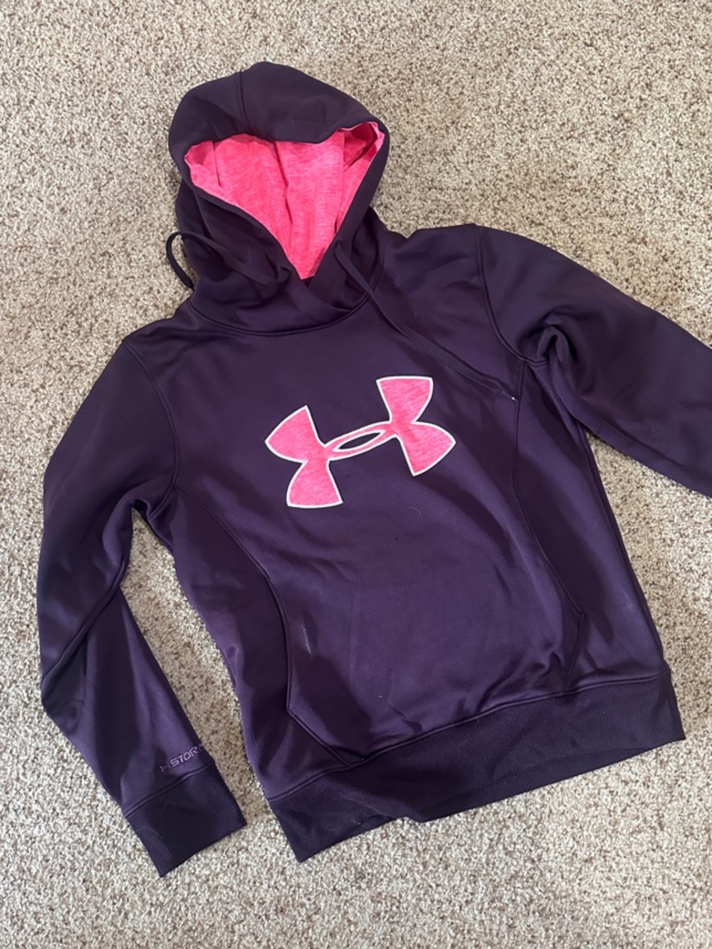 Under Armour Dark Purple Hoodie with Pink Logo and Lined Hood